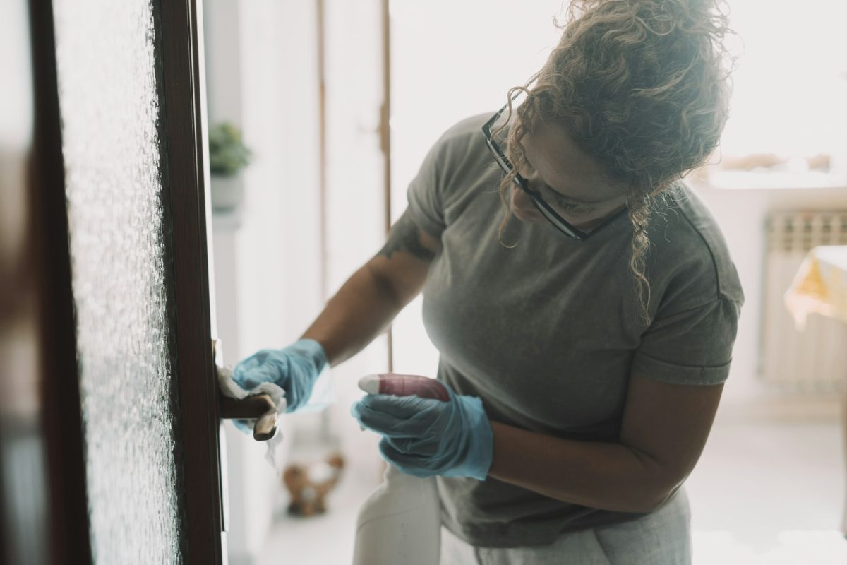 Domestic work at home. One woman cleaning door in apartment with spray and gloves. Housewife