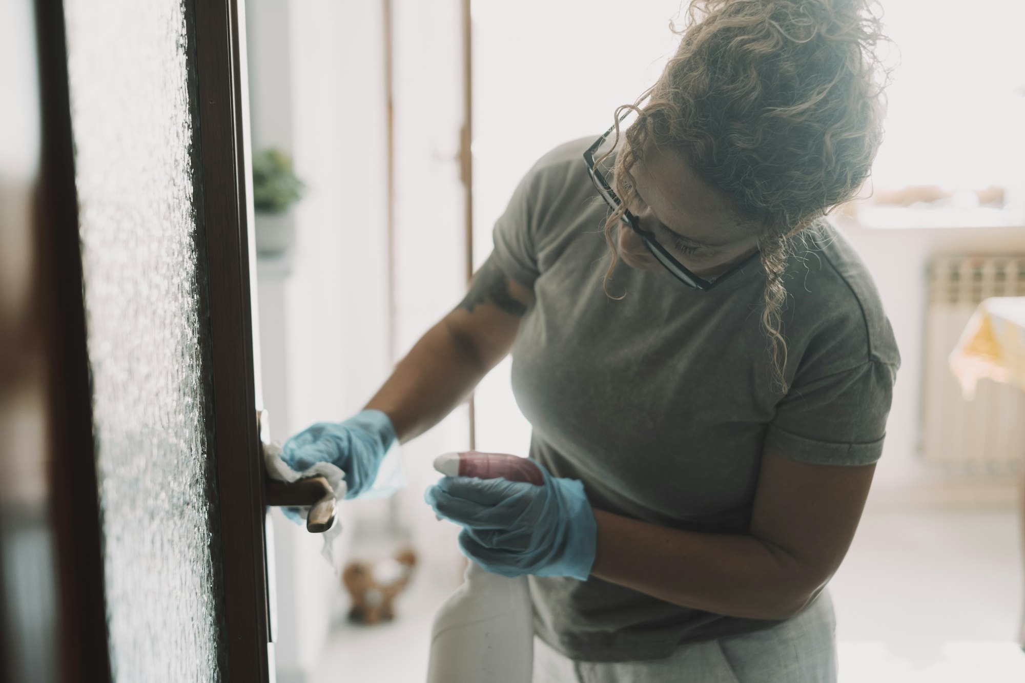 Domestic work at home. One woman cleaning door in apartment with spray and gloves. Housewife
